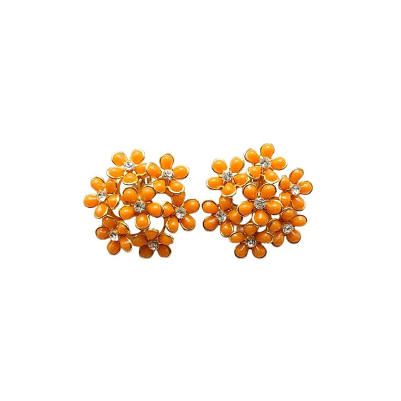 Orange Acrylic Clear Rhinestone Floral Earrings Clip on Gold Tone Vintage - Picture 1 of 4